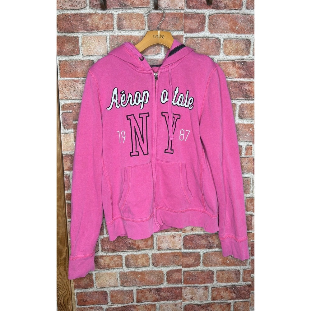 Y2K 2000s Aeropostale Pink Full Zip Hoodie Womens Large NY 1987 Graphic